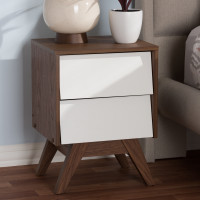 Baxton Studio Hildon NS-Walnut/White Hildon Mid-Century Modern White and Walnut Wood 2-Drawer Storage Nightstand